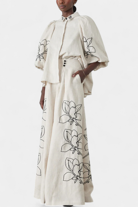 Helen | Conjunto Floral de Pantalón Ancho y Manga Globo