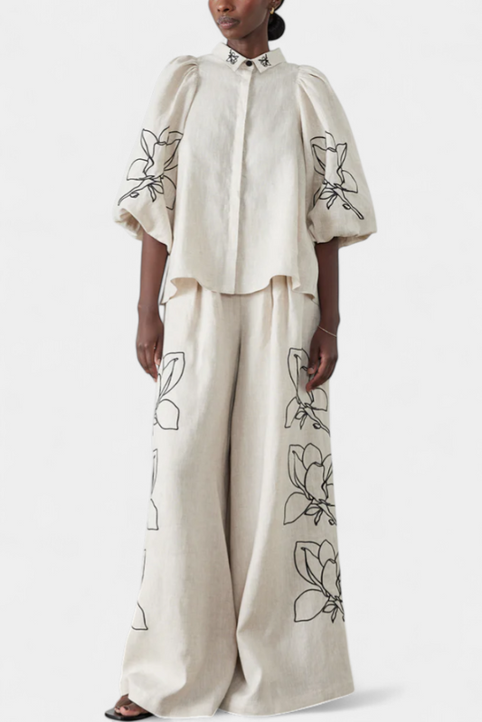 Helen | Conjunto Floral de Pantalón Ancho y Manga Globo